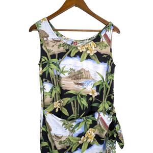 Hilo Hattie Faux Wrap Hawaiian Dress Small Floral Tiki Hibiscus Beach Print Slee